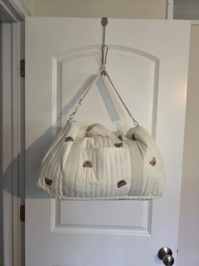 Cream Quilted Weekend Duffel with Bear Embroidery